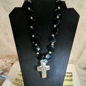 Black glass cross necklace with silver tone cross 17"